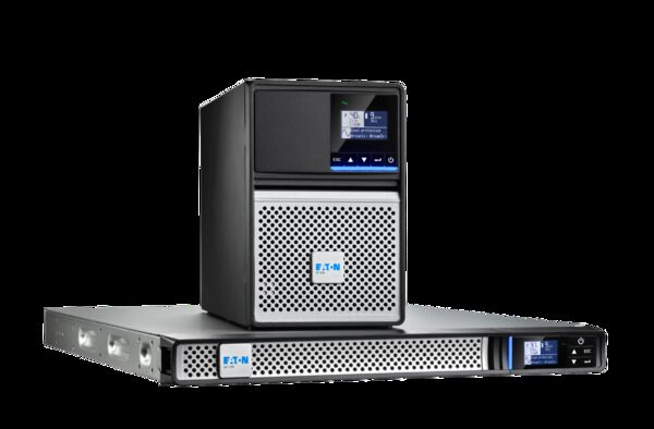 Eaton 5P Gen2 VRLA UPS units, a tower model standing on a rackmount version, on a white background