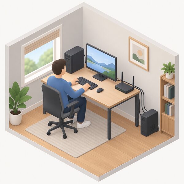 A small isometric home office scene showing a desk with a desktop computer, a monitor and a broadband router, all connected by leads to a compact UPS unit standing on the floor beside the desk.