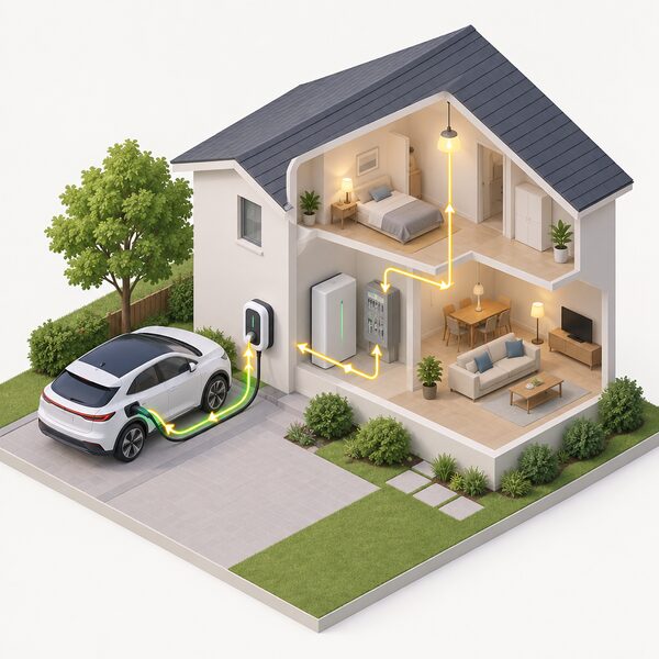 An electric car parked on a home driveway beside a two-way wall charger mounted on the house wall, with a simplified isometric cutaway showing energy flowing from the car battery through the charger into the home's electrical system.