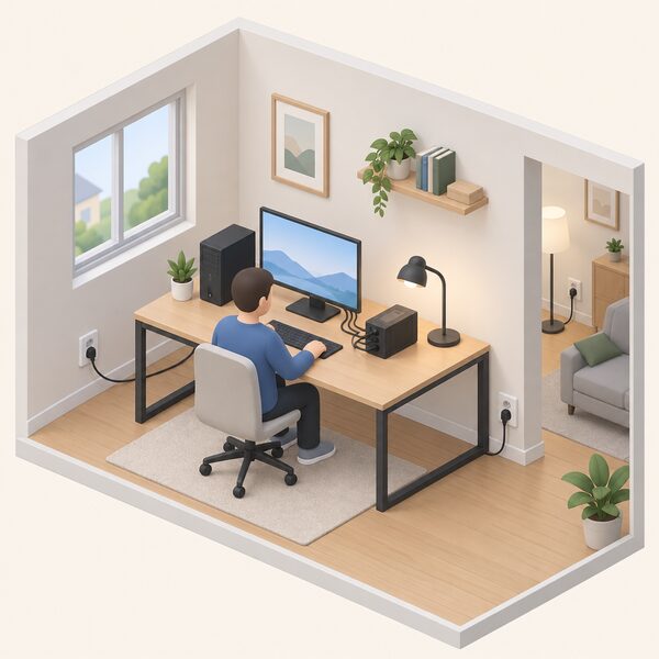A small desktop UPS unit in a home workspace with a few devices plugged into its outlets, while the rest of the home's circuits run on grid power from the wall supply.