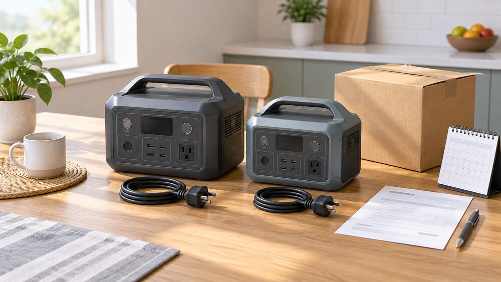 Two portable power stations stand side by side on a kitchen table, one slightly larger than the other, each with its charging cable coiled beside it, next to a folded delivery carton, a blank returns form and a small calendar, all lit by daylight from a nearby window.