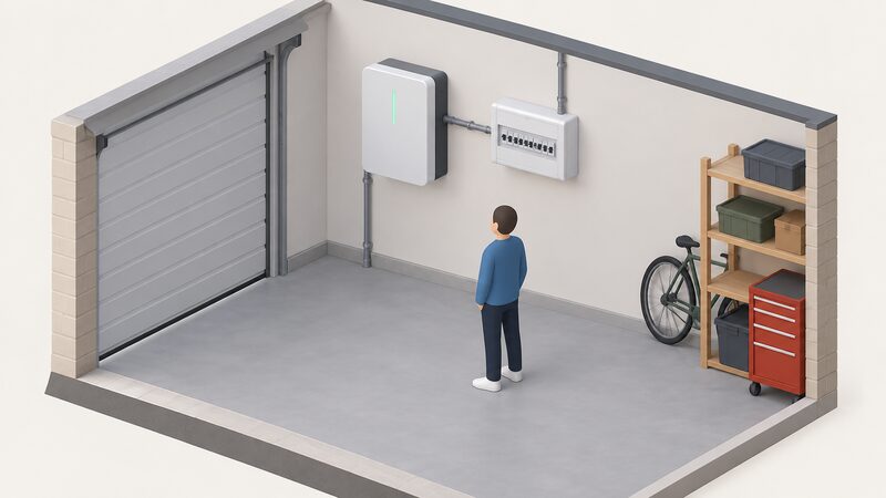 A plain wall-mounted home battery unit fixed high on a garage wall next to a consumer unit, with a small isometric figure looking at the two, conduit linking them and a cable running down the wall.