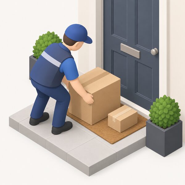 A boxed portable power station on a doorstep or hallway floor beside a small delivery parcel, with a simplified isometric figure of a courier placing it down, showing the unit a UK buyer receives within a few business days from a local warehouse.