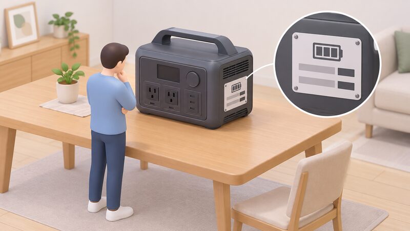 A portable power station standing on a table in a home setting, with a close-up view of its battery label showing capacity and cycle life figures as blank lines and plain blocks, a simplified figure beside it reading the label.