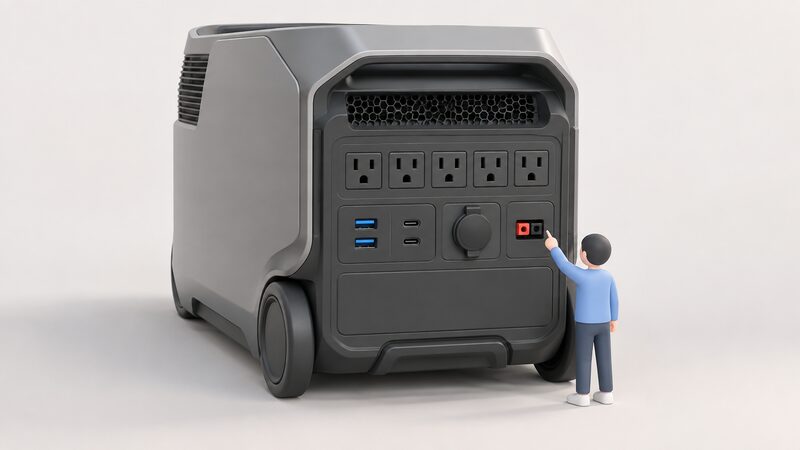 A close-up rear view of a large portable power station standing on a flat surface, showing its outlet panel with five AC sockets, USB-A and USB-C ports, a car socket and an Anderson connector, with a small isometric figure reaching toward the panel.