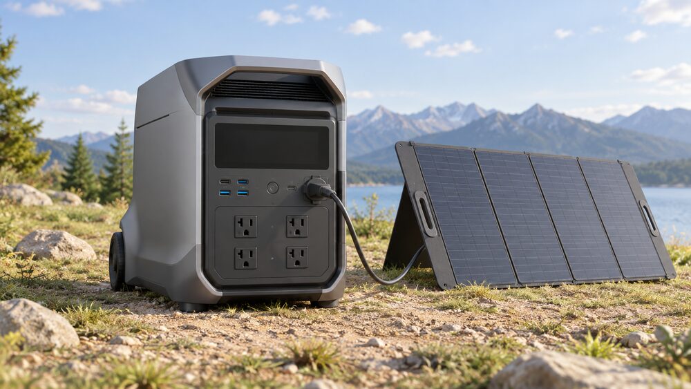 A large portable power station standing centrally on the ground outdoors, its ports visible on the front, connected by a cable to a folding solar panel propped open beside it in daylight.