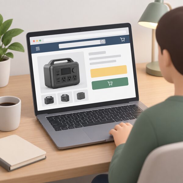A laptop screen showing the EcoFlow UK online store product page for a portable power station, with a product photo, blank price band and an add-to-basket button, drawn as a physical object on a desk.