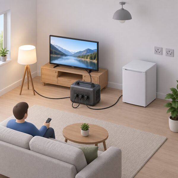 A portable power station on the floor of a living room with a lamp, a television and a small fridge plugged directly into its front sockets, while the room's fixed wall sockets and ceiling light remain dark and unpowered.