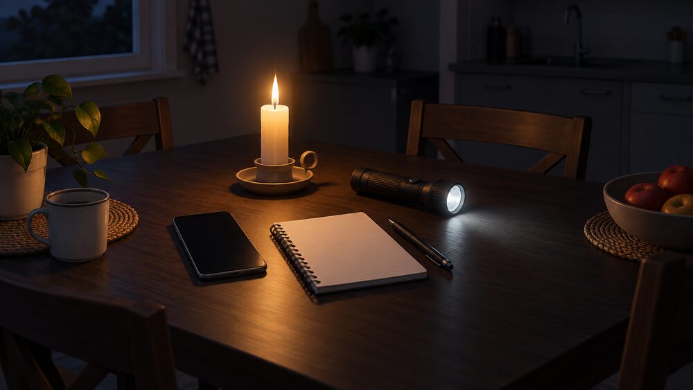 A dark kitchen table during a power cut, lit only by a lit candle in a holder and a torch lying beside it, with a mobile phone showing a blank screen and a notepad with a pen ready for writing down the power cut number.