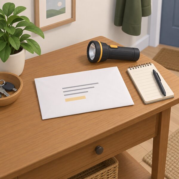 A plain white envelope lying on a wooden hall table beside a torch and a notepad, its front showing a handwritten-style address made of blank lines with the postcode area marked by a simple highlighted band, representing the postcode lookup that identifies the local electricity network operator.