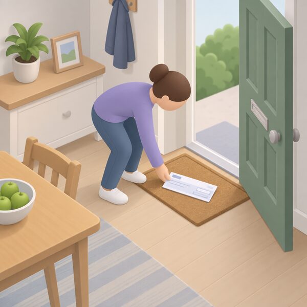 A plain blank cheque lying on a kitchen table in a home, with a simplified isometric figure of a household member picking it up from the doormat or table, representing the compensation payment sent by the network operator after a long power cut.