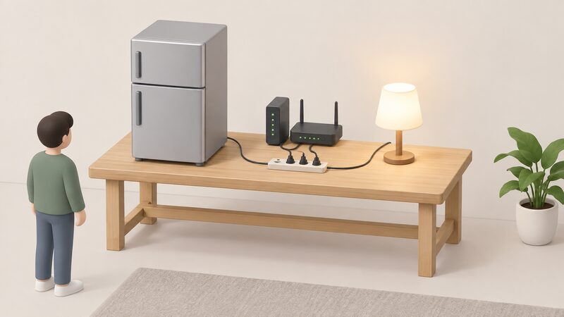 A small isometric bench scene showing a fridge, a broadband router with its modem, and a lit LED lamp standing side by side as the typical essential load set, each plugged into a simple power strip on the bench.