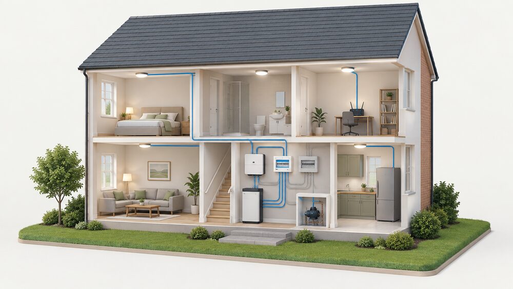 A cutaway house showing a separate essential loads consumer unit on a wall, wired to a fridge in the kitchen, LED ceiling lights, a router on a table and a boiler pump, with a battery and hybrid inverter supplying that board while the rest of the house's circuits stand apart.