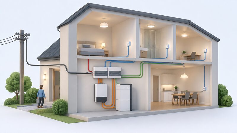 A cutaway wall view showing a separate consumer unit for backed-up circuits mounted beside the main consumer unit, with the essential loads board connected to the incoming grid supply, a hybrid inverter and battery storage, and protected circuits running out to sockets and lights.