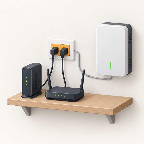 A small isometric scene of a home broadband setup on a shelf: a Wi-Fi router and a modem side by side, both plugged into a single essential-circuit socket, with a slim cable running to a wall-mounted battery backup unit nearby, shown as the first loads kept powered during an outage.