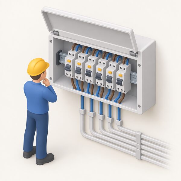 A consumer unit with its front cover open, showing rows of residual current circuit-breakers with overload protection wired to the outgoing backed-up final circuits, one simplified isometric figure inspecting the board.