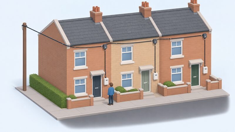 A simplified isometric view of a terraced house exterior showing a single looped service cable running from an overhead or underground supply to the meter box, shared onward to the neighbouring terrace, with a small figure looking at the supply head.
