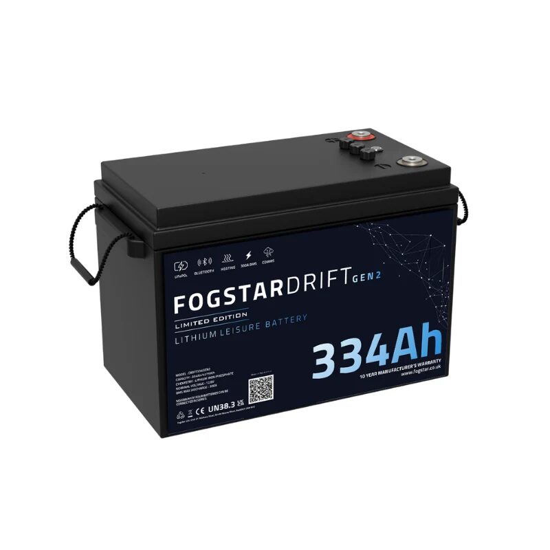 A Fogstar Drift Gen2 334Ah lithium leisure battery, black cased with branded label