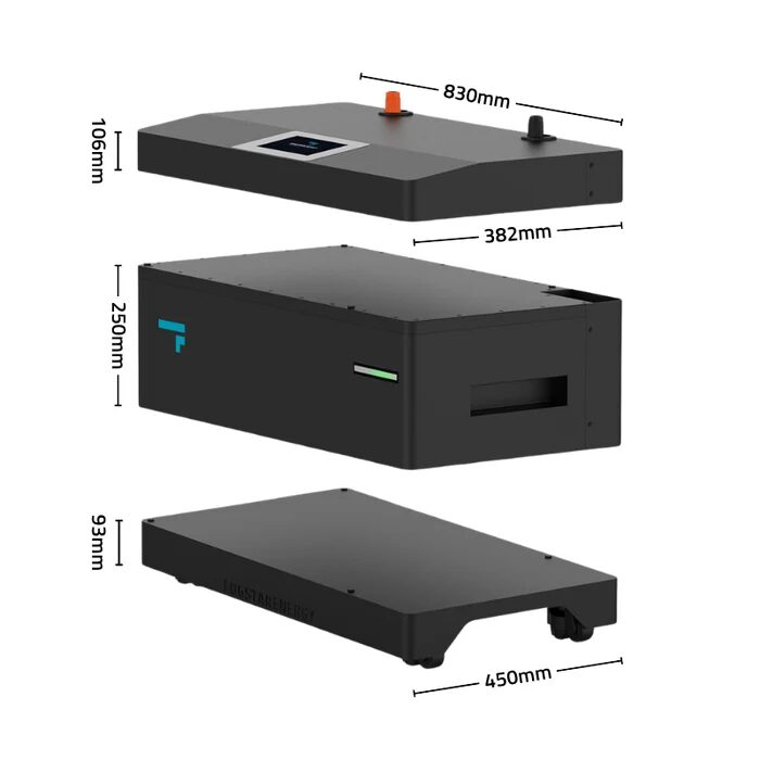 Exploded product render of a Fogstar Energy modular home battery stack showing the control unit, battery module and wheeled base with dimension labels
