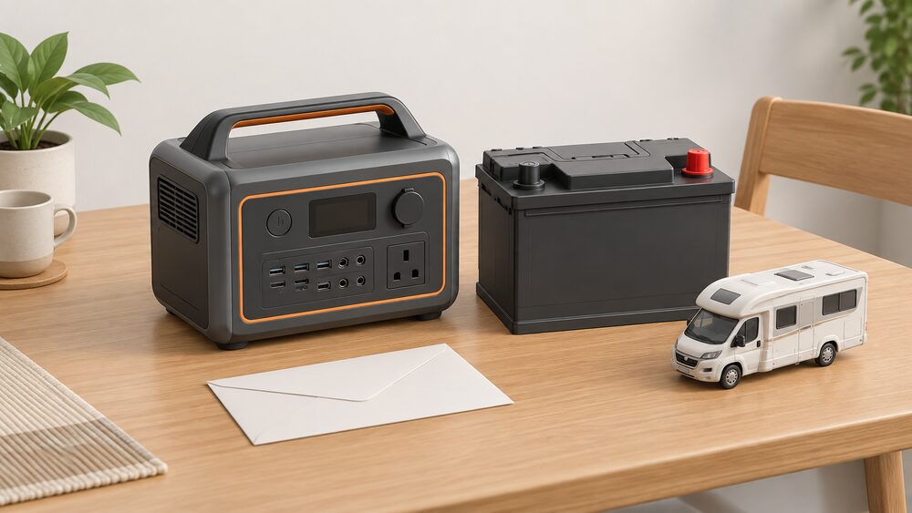 A portable LiFePO4 power station and a boxy 12V leisure battery sit side by side on a wooden table beside a blank delivery envelope and a small model campervan, suggesting a household choosing backup power for a vehicle or off-grid trip.