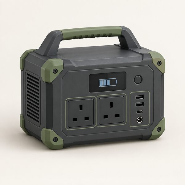 A single portable power station standing alone on a plain floor, drawn as a rugged cased box with a socket panel showing mains-style sockets, lower-power output ports and a USB-C port, with a small display block and no other equipment around it.