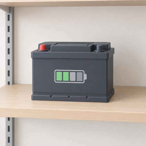 A single 12V leisure battery standing alone on a plain indoor storage shelf, shown with a simple charge indicator band suggesting a partial charge of around 40%, with nothing else connected to it.
