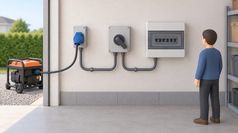 A wall-mounted changeover switch fixed beside a consumer unit, with a generator inlet box nearby and simple wiring connections shown between the inlet, the changeover switch and the consumer unit.