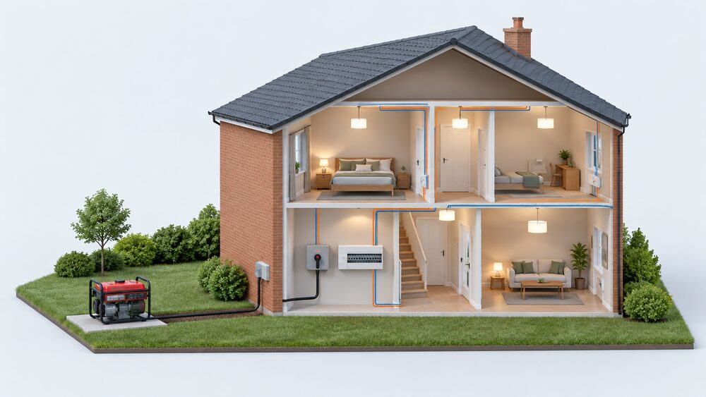 A cutaway house with a portable generator standing outdoors on the ground away from the building, a cable entering through an external wall to a changeover switch mounted beside the consumer unit indoors, which feeds selected circuits such as lighting and a socket circuit while the grid supply stays isolated.