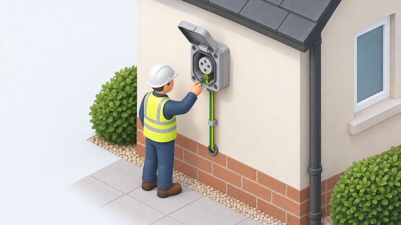 An exterior wall of a house with a generator inlet point mounted on it, its flap open, and a green-and-yellow earthing conductor running visibly from the inlet's earthing terminal down into the wall, with a small isometric electrician inspecting the connection.