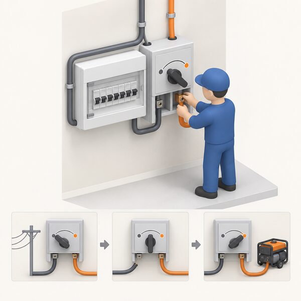 An isometric view of a transfer switch mounted on a wall immediately beside a consumer unit, with a simplified figure making the connections, showing the switch breaking the grid supply before the generator connection is made so no backfeed path exists.
