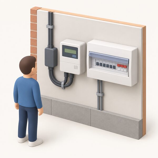 A smart meter installed at the household supply point, mounted beside the incoming supply and consumer unit, recording the flow of electricity into and out of the house.