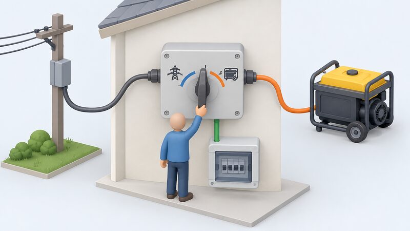 A wall-mounted manual changeover switch shown large, with its operating handle in a mid-position between a grid position and a generator position, and a small isometric figure's hand turning the handle, with simplified supply cables entering from the grid side and from a portable generator.