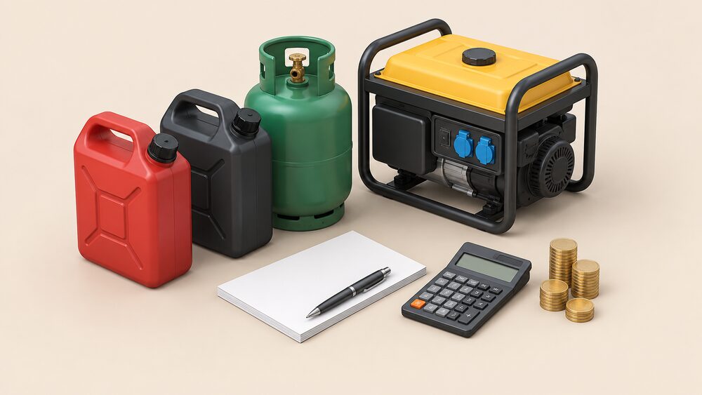 A small arrangement on a table of a red petrol jerry can, a black diesel can and a green LPG gas cylinder grouped beside blank paperwork, a calculator and a small stack of coins, with a portable generator standing just behind them.