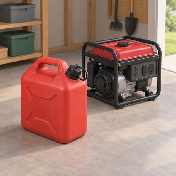 A red plastic petrol can with a closable spout cap standing on a garage or shed floor beside a small portable petrol generator, showing the kind of container a household uses to store fuel for home generator use.