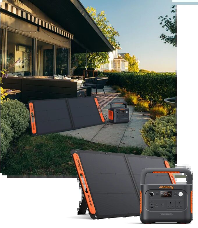 A Jackery Solar Generator 1000 v2 portable power station with folding solar panels shown outdoors on a patio and in a product close-up
