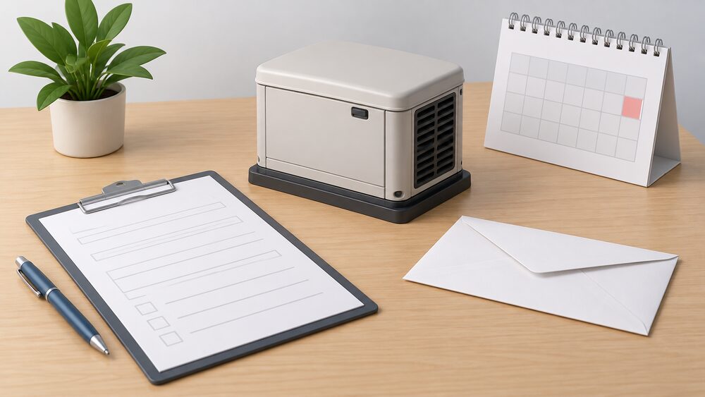 A small model of a standby generator sits on a table beside a blank application form on a clipboard, a sealed envelope ready to post, and a wall calendar, showing the moment of notifying the network operator about a new generator connection.