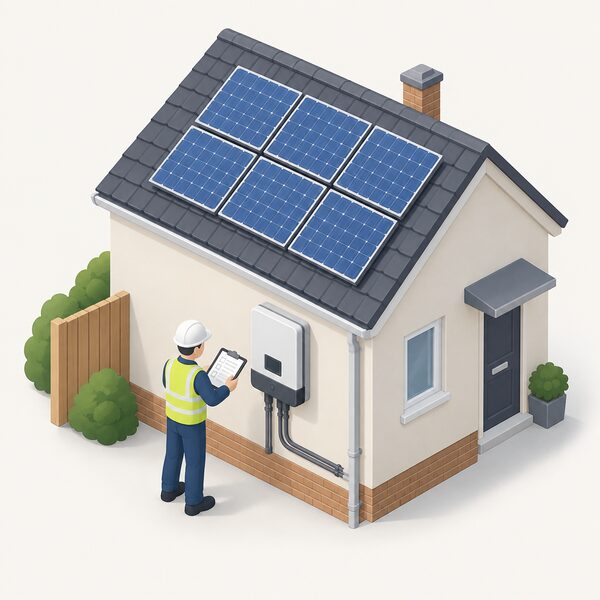 An installer at a domestic property inspects a newly commissioned rooftop solar PV installation and its inverter, then completes a G98 application form on a clipboard to submit to the network operator on the customer's behalf.