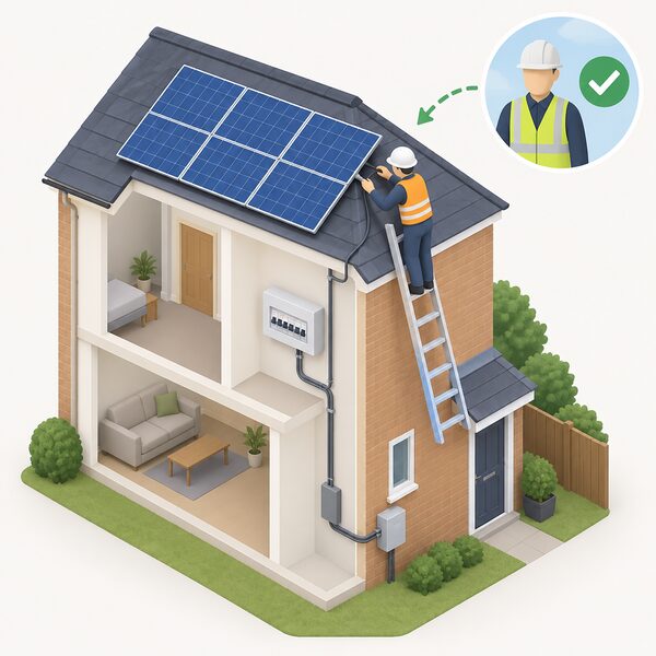 An installer fitting a small generating unit at a house, connecting it to the home's existing electrical supply, after approval from the network operator.