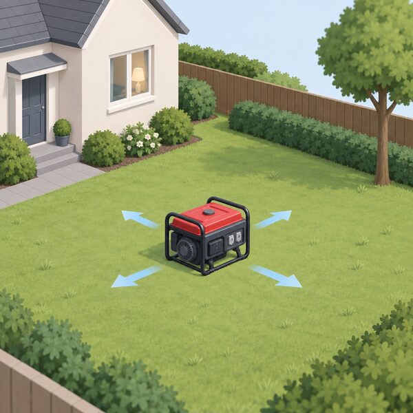 A portable petrol generator sits on open ground well away from a house, with clear space on all sides so air can flow freely around it, shown in a simple isometric garden scene during a power cut.