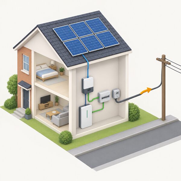 A simplified isometric house with rooftop solar panels, a battery unit and an inverter on an inside wall, all connected through a meter and consumer unit to an incoming grid supply cable, with a plain arrow showing surplus power flowing outward to the street network.