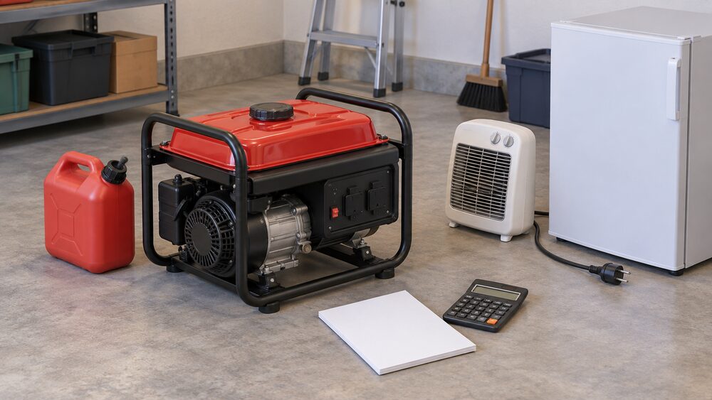 A small portable petrol generator sits on a garage floor beside a blank datasheet, a calculator and a plug-in heater and fridge magnet-free appliance lead arrangement, suggesting a household buyer checking a rating before purchase.