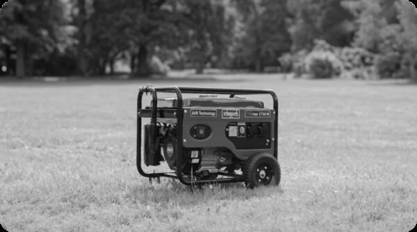 A portable petrol generator with wheels standing on a grassy field