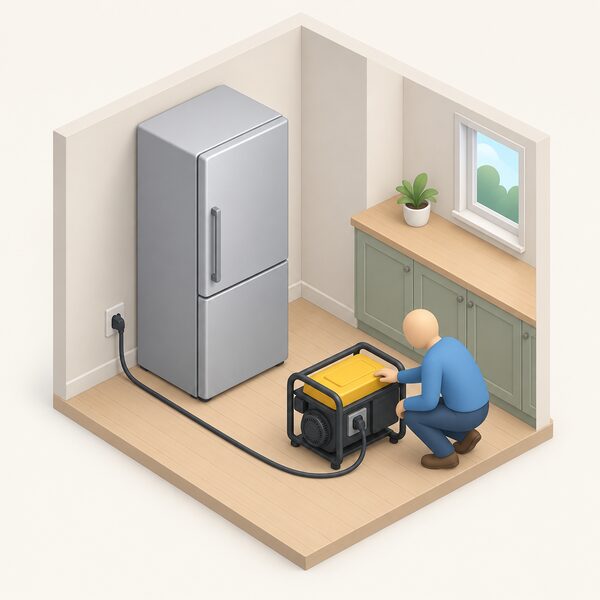 A kitchen corner with a standing fridge, its door closed, connected by a plug and cable to a small portable generator on the floor nearby, with a simplified isometric figure crouching beside the generator checking it as the fridge starts.