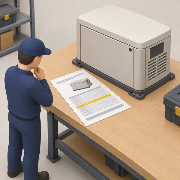 A printed maker's datasheet lying on a workbench beside a small standby generator, its page showing a plain specification block with a highlighted band marking the permitted power factor range, with no readable words or numbers.
