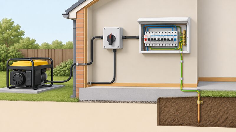 A cutaway wall view of a home consumer unit fed through a manual changeover switch from a portable generator outside, with an earth electrode and earthing conductor drawn in and circuit protective devices visible inside the unit.