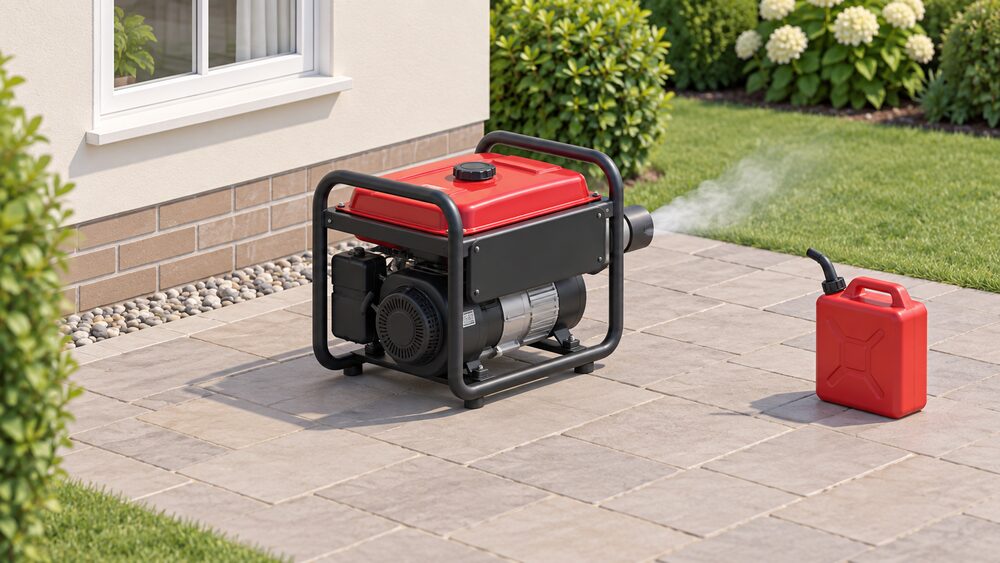 A portable petrol generator standing outdoors in open air on a paved garden area, its exhaust outlet pointing away from the house wall behind it, with a window visible on that wall and a fuel can set a short distance away from the hot unit.