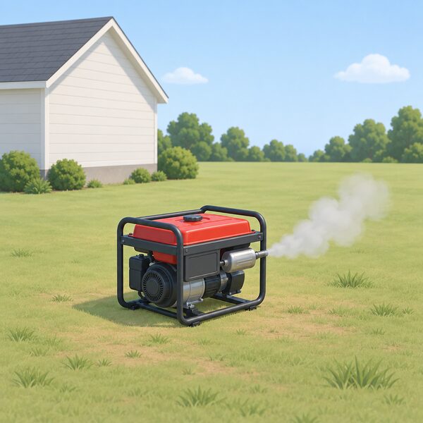 A portable petrol generator running on open ground well away from a house, its exhaust pointing into open air, with no window, door or vent anywhere near it.