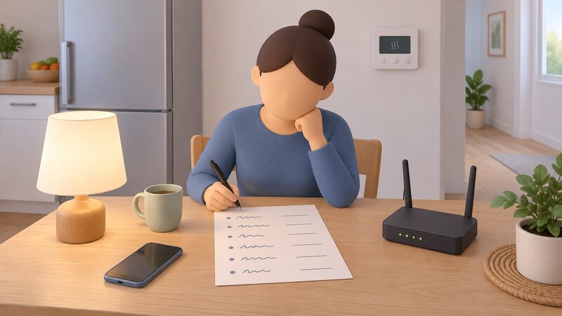 A handwritten list on a sheet of paper lying on a kitchen table, each line naming an essential item with a blank wattage space beside it, surrounded by the actual appliances it covers: a fridge, a lit table lamp, a phone and router, and a heating control panel on the wall behind.