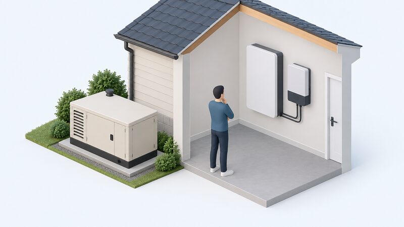 A compact isometric view of a house corner showing a diesel standby generator unit on a slab outside the wall, and beside it indoors a wall-mounted home battery with an inverter unit next to it, a simplified figure standing between them looking at the two systems.