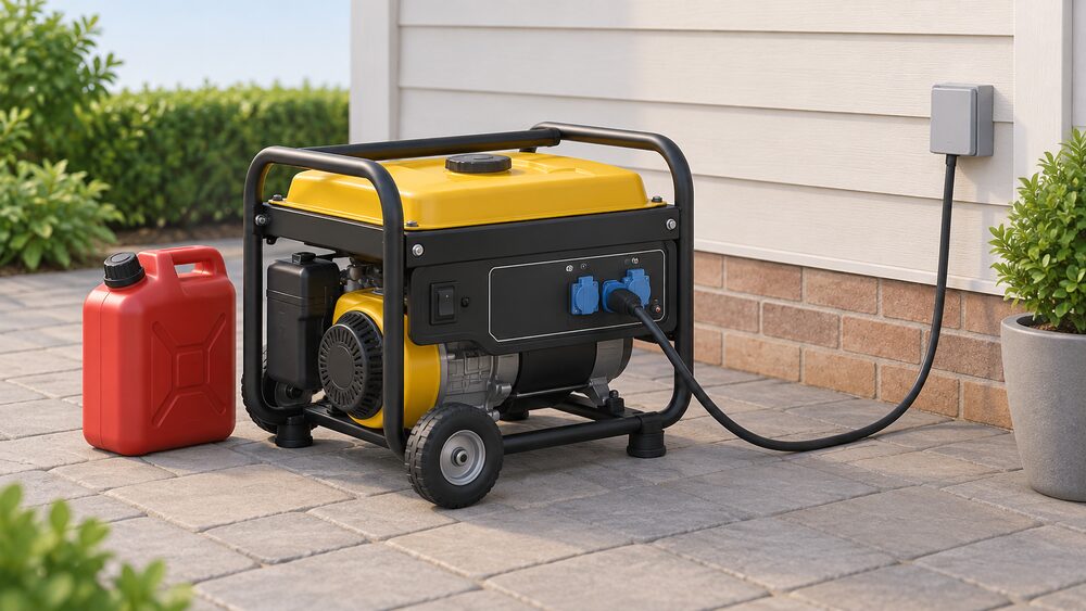 A portable petrol backup generator standing outdoors on a paved patio close to the house wall, with a jerry can of fuel beside it and a cable running from its sockets toward the house.